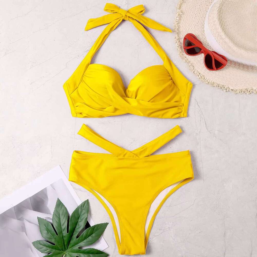 Women Solid Halter Tube Top Cross Ruched Wrap Chest Crop Tops High Waist Hollow Bikini Set Two Pieces Swimsuit Swimwear