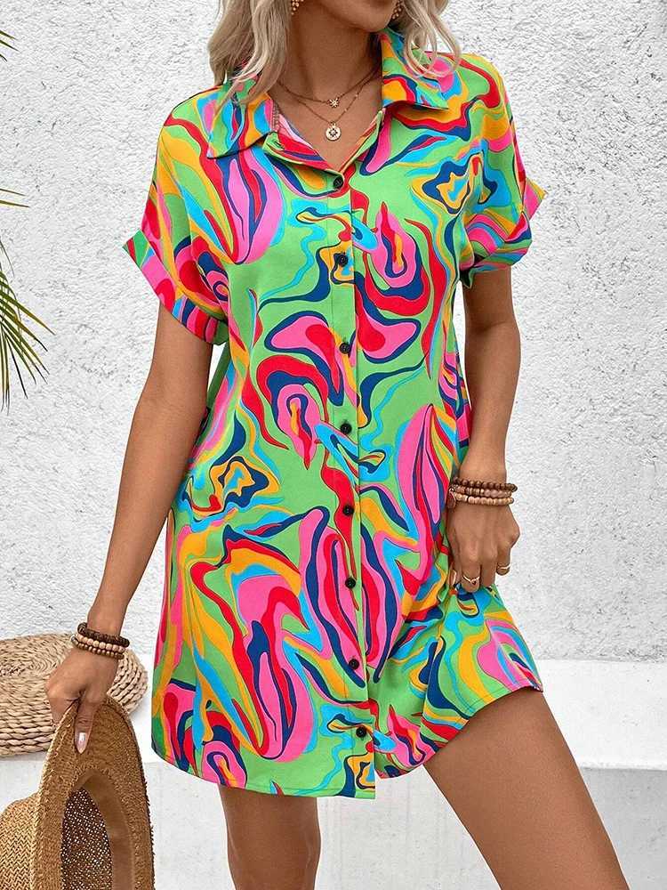 New Fashion Everyday Casual Ladies Short-sved Lapel Print Dress City Trend Single-breasted Dress 3D Printed Art DressXJ2500207