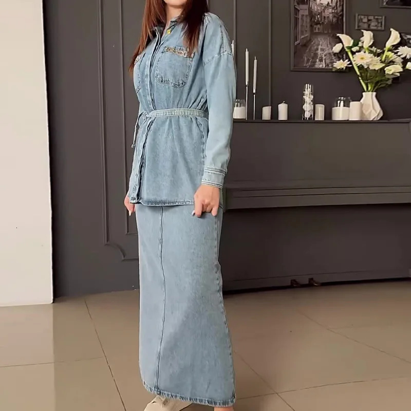 Two Piece Skirt Sets Women High Waist Long Denim Skirts Button Full Sleeve Splice Jeans Coats Pocket Lace Up Loose Fit 250207