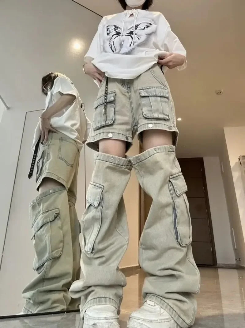 Explosions American Detachable n Sense Tooling Jeans Female Y2K Fashion Gothic Retro High Street Straight Waist Pants 250206