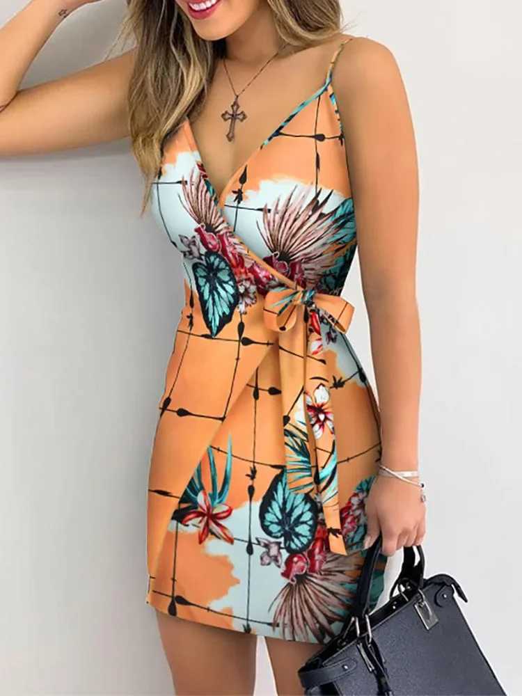 Tropical Print V-Neck Wrap Casual Dress Women Sveless Summer Holiday Mini DressXJ2500207