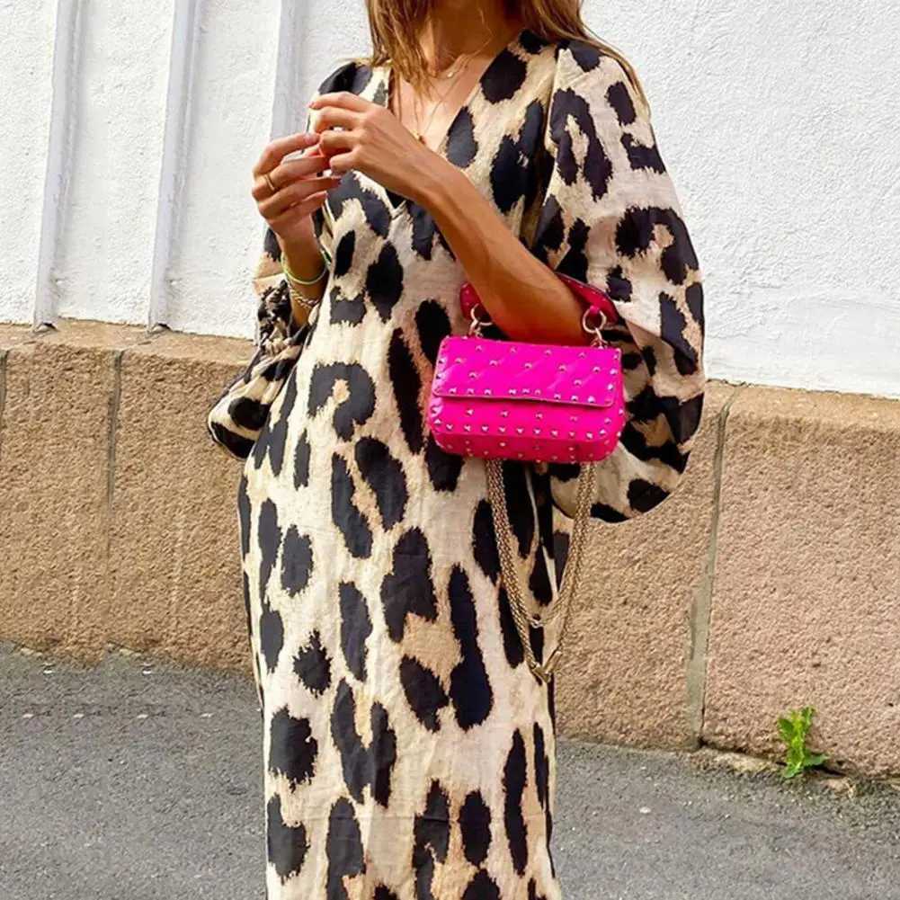 Women Dress V-Neck Lantern Sve Side Split Hem Long Dress Leopard Print Loose Ele Party Dress Fe ClothingXJ2500207