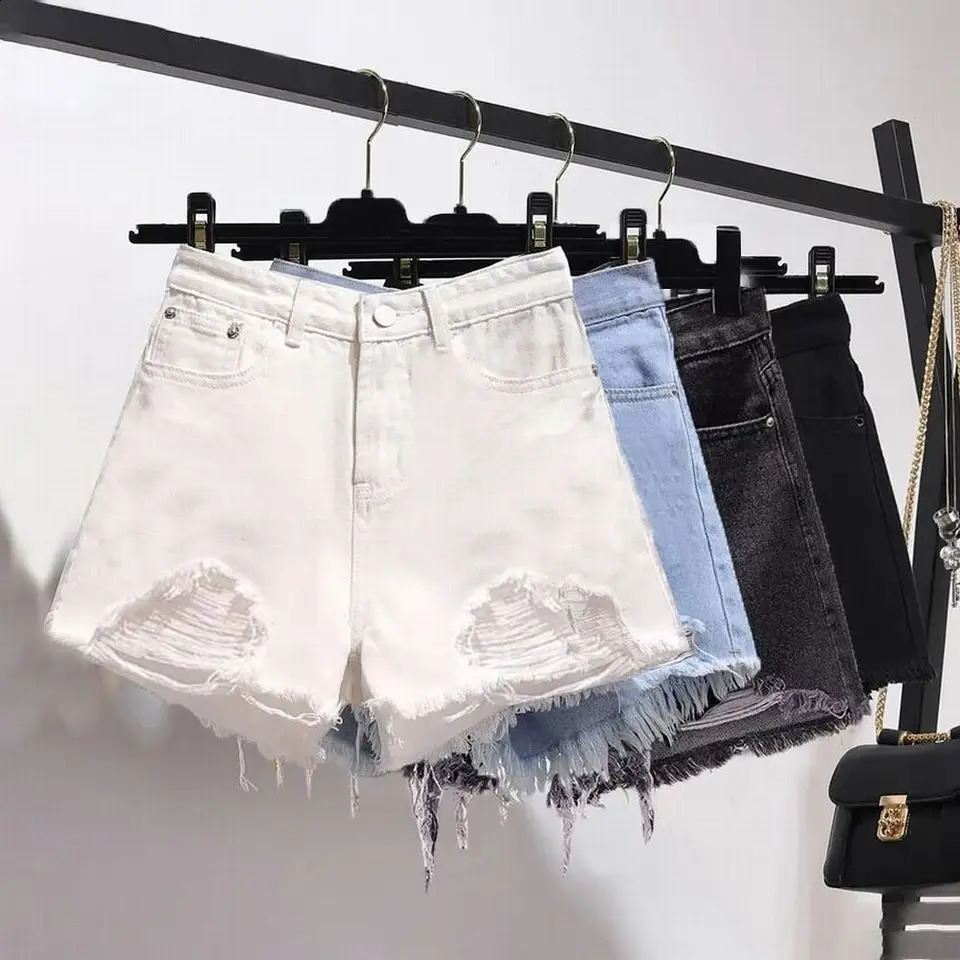 Summer Womens Cow Shorts Korean High Waist Casual Denim Shorts Pocket Tassel Perforated Ripped Holes Y2K White Jeans 250207