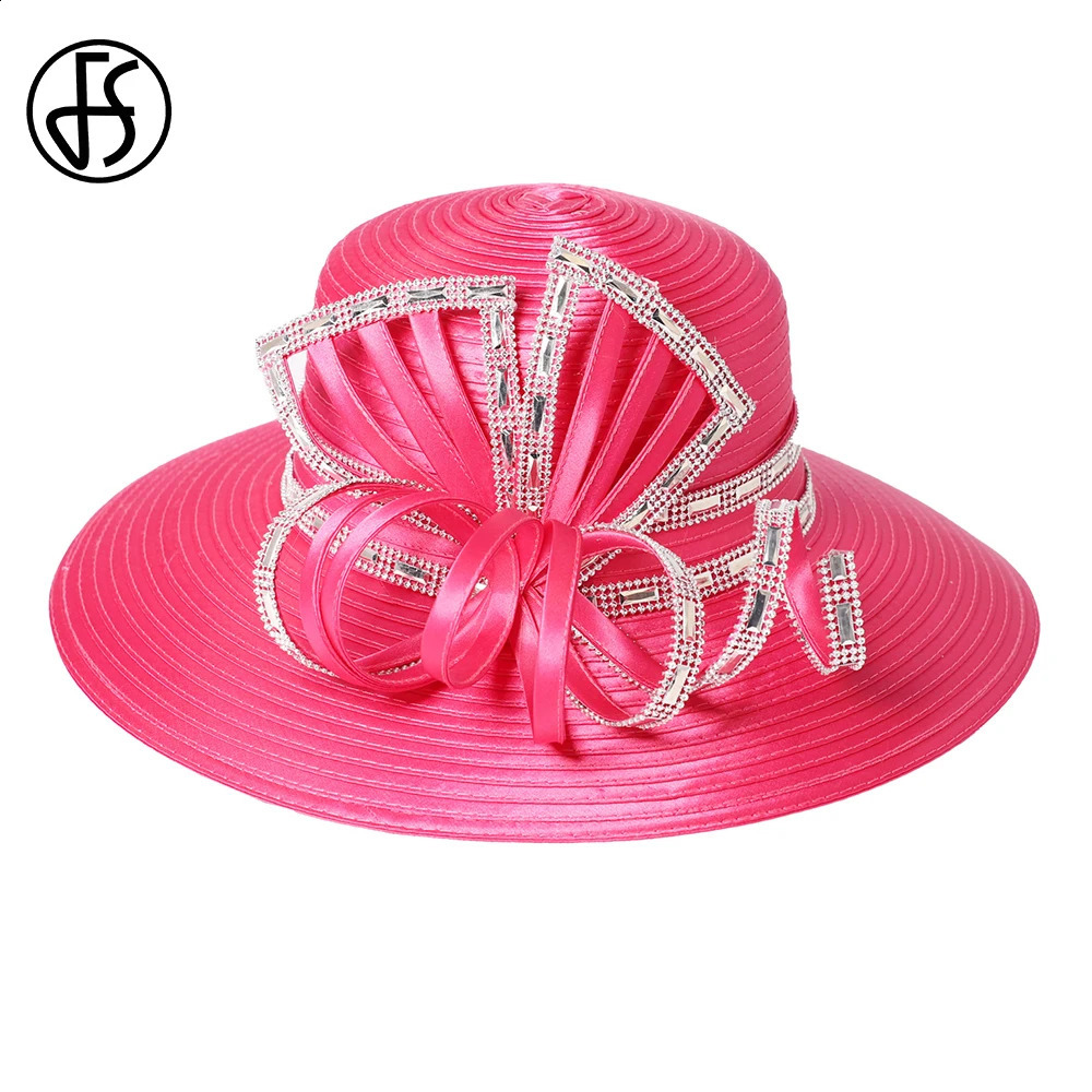 FS Elegant white wide-brimmed top hat for women with Bow Wedding Bridal satin cloth hat Official Ocn Women's Church Derby Hat 250207