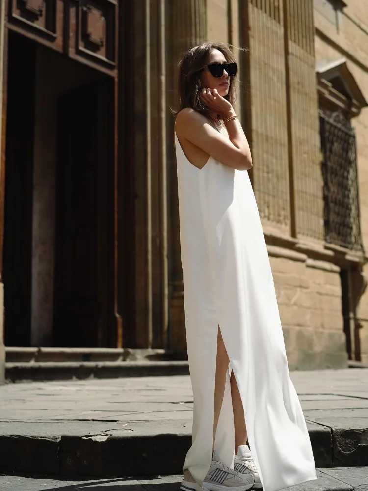 Backless Sexy Solid Color Womens Suspender Dress Ele Off Shoulder Slit Long Robes New Sveless Seaside Vacation VestidosXJ2500207
