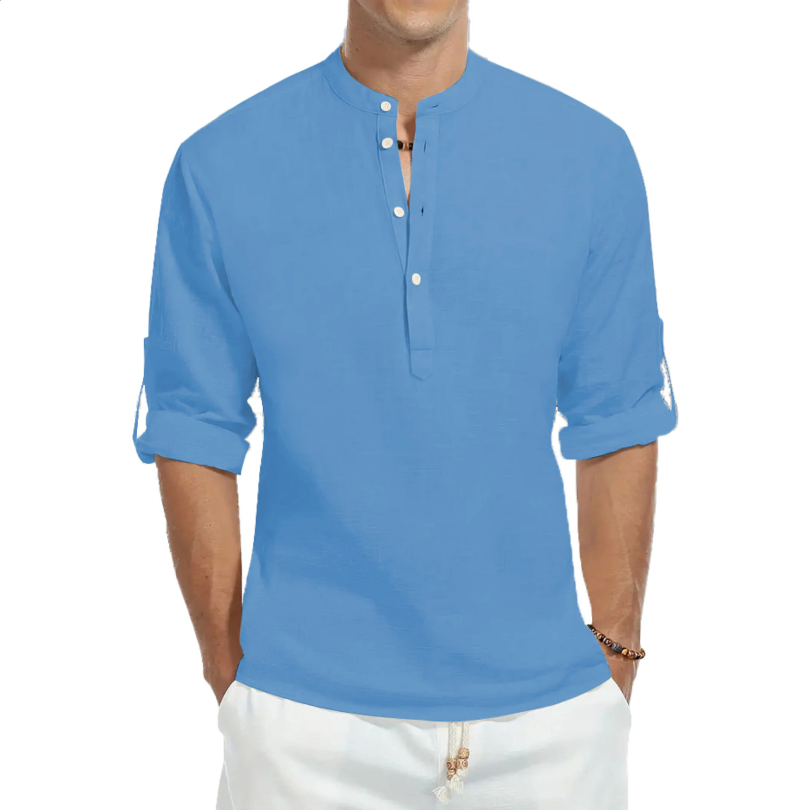 Casual shirts loose cotton mens shirts fashionable stand-up collar solid color long-sleeved T-shirts handsome slim-fit tops 250206