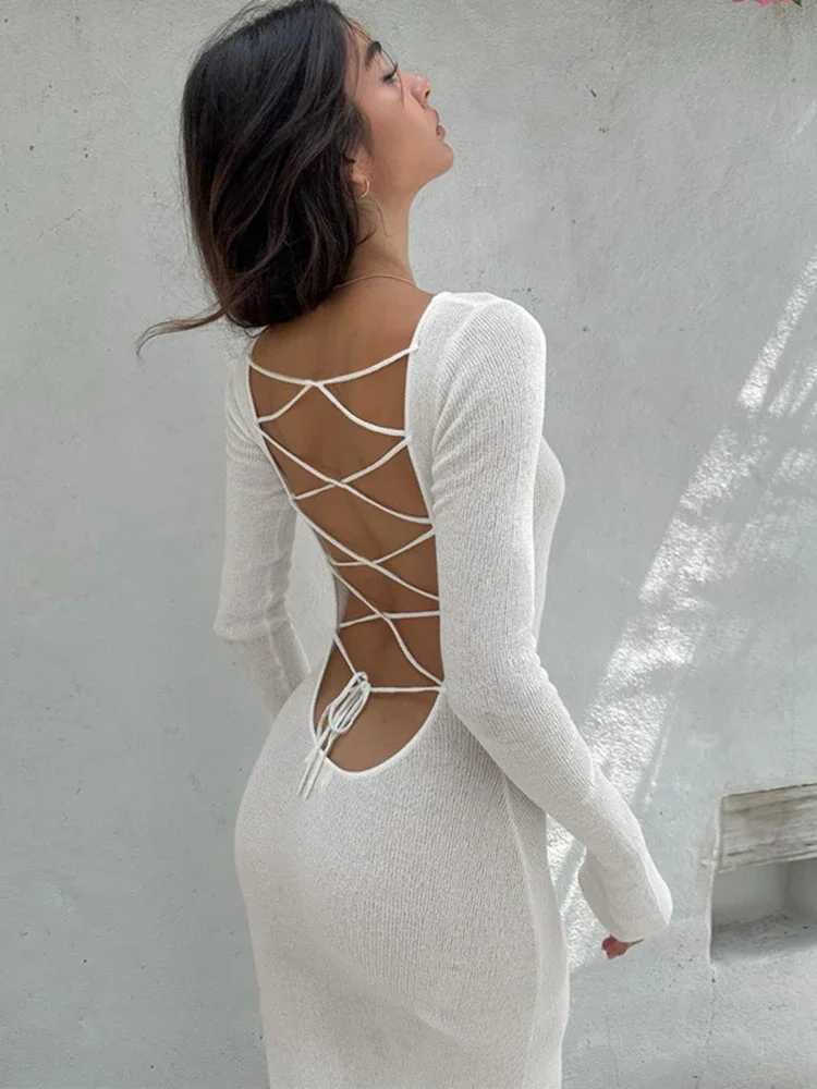 BWQ Lace Up Backless Long Sleeve Maxi Dress Women Bodycon White Long Dress Party Elegant Clothes Birthday Outfit Fall Autumn X250207