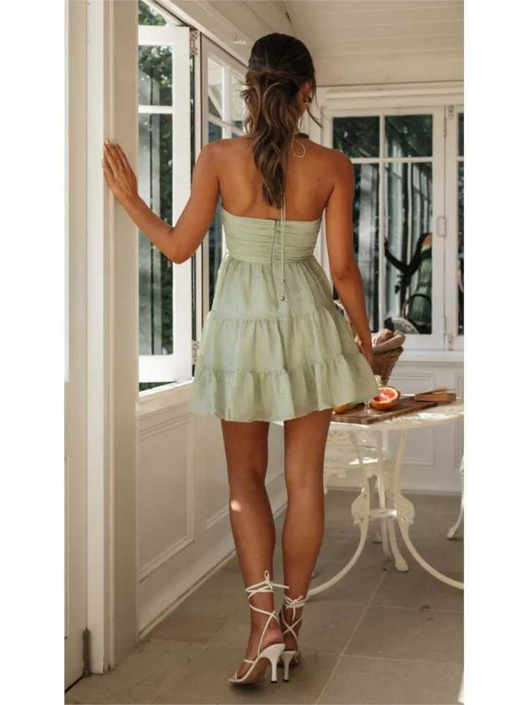 Summer Women Casual Green Dress New Fashion Halter V-neck Sveless Sweet Ele Casual Beach Mini Dresses Robe Femme VestidosXJ2500207