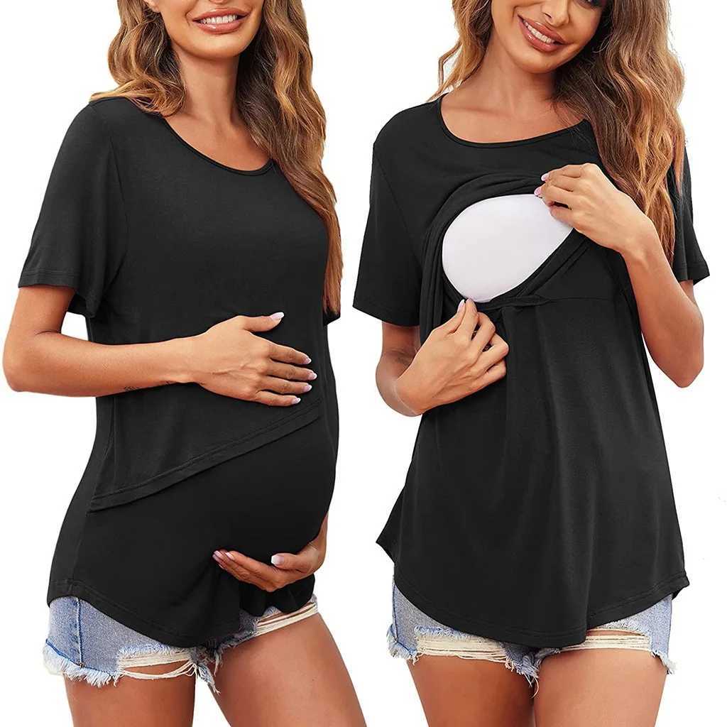 Women Maternity Breastfeeding Tee Nursing Tops Solid Color Short Sleeve T-shirt Plus Size S-2XL Maternity Clothing Tees W250207