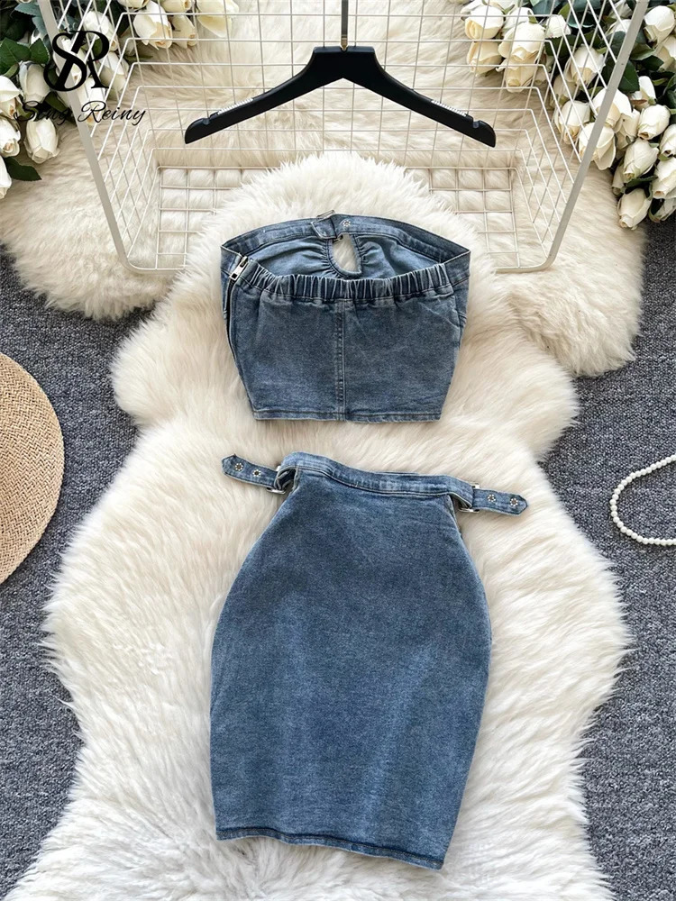 SINGREINY Vintage Women Denim Sets Strapless Sleeveless Zipper Mini Tank TopHIgh Waist Slim Skirt Fashion Streetwear Suits 250207