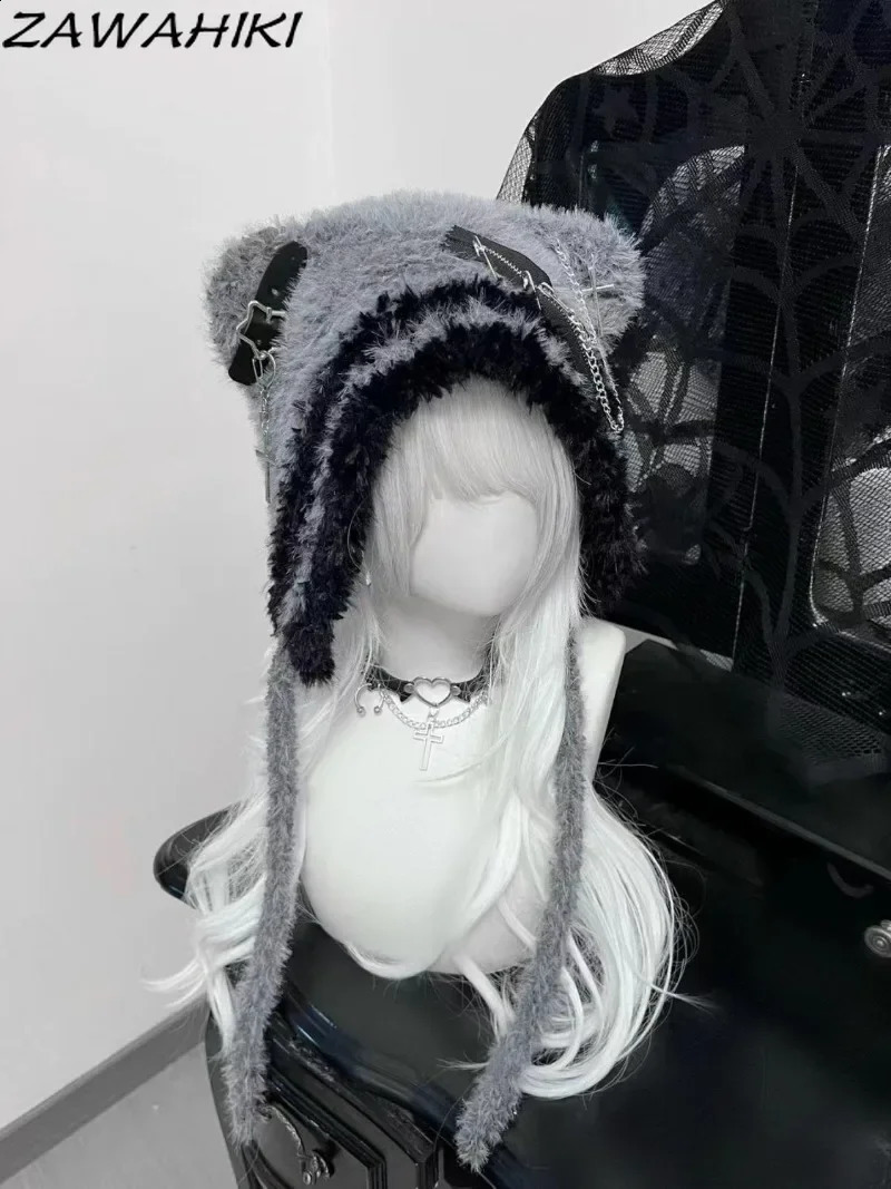 Japanese Knit Hat for Women Chains Belt Fur Hats Contrast Color Keep Warm Caps Female Fashion Cute Gorras Invierno Mujer 250120