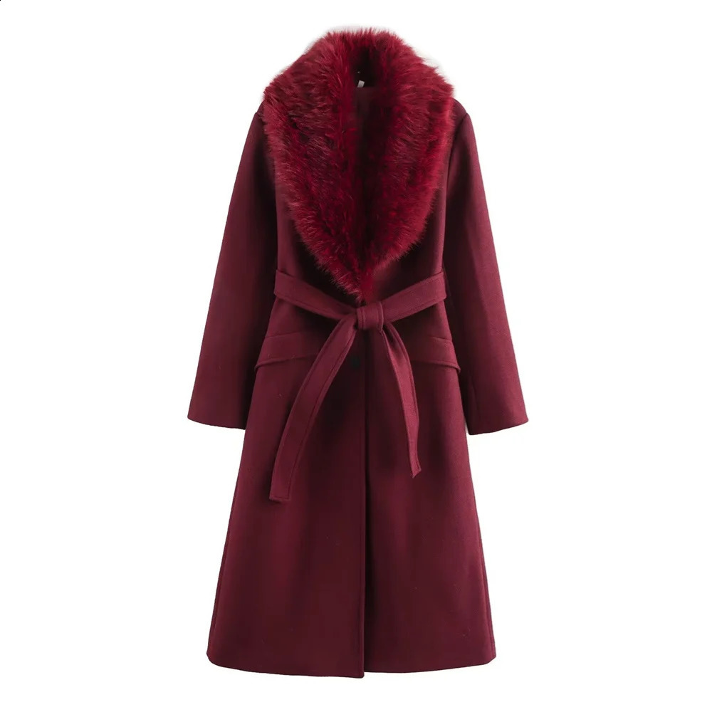 2024 RARF womens lapel single breasted fur collar coat jacket belt decoration autumn and winter clothing 250109