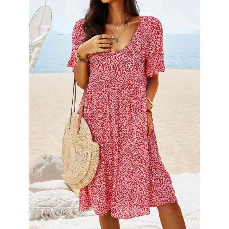 European American pullover print medium long, urban casual retro women's short sleeved dress 2024 new style chic and elegant clothing