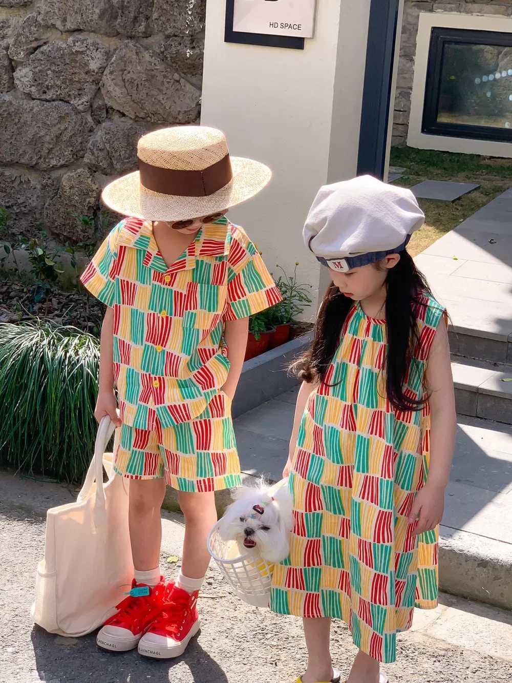 Summer Boy Clothes Set Girl dress Korean Style Contrast Stripe Shorts Set Sleeveless Skirt family matching outfits Sibling look W250207