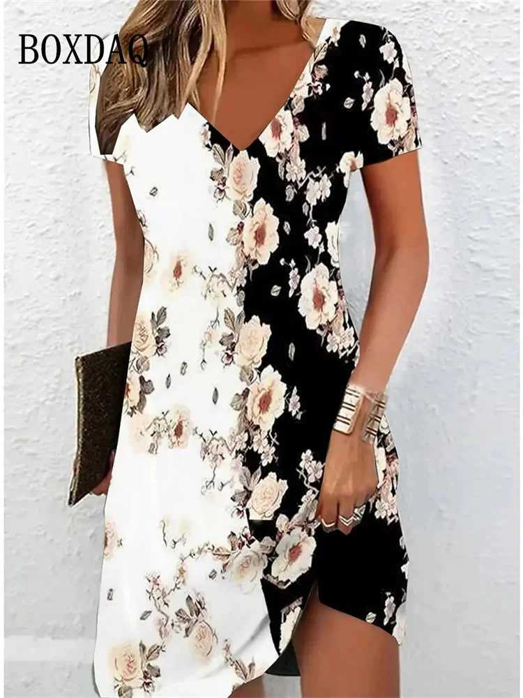 Vintage Women Midi Dresses For 2024 Ethnic Style Floral Print Loose Dress Plus Size Casual Short Sve Pullover V-Neck DressXJ2500207