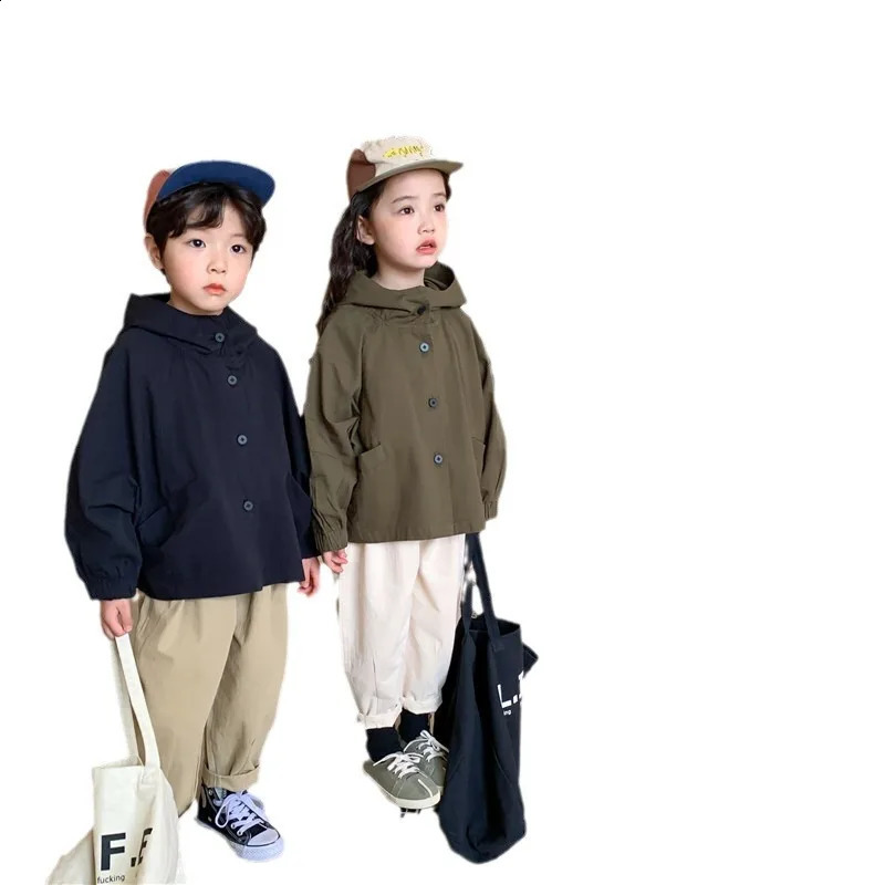 Children Clothing Kids Fashion Hooded Trench Coat Spring and Autumn Korean Style Boy Loose Casual Long Sleeved Coat 250206