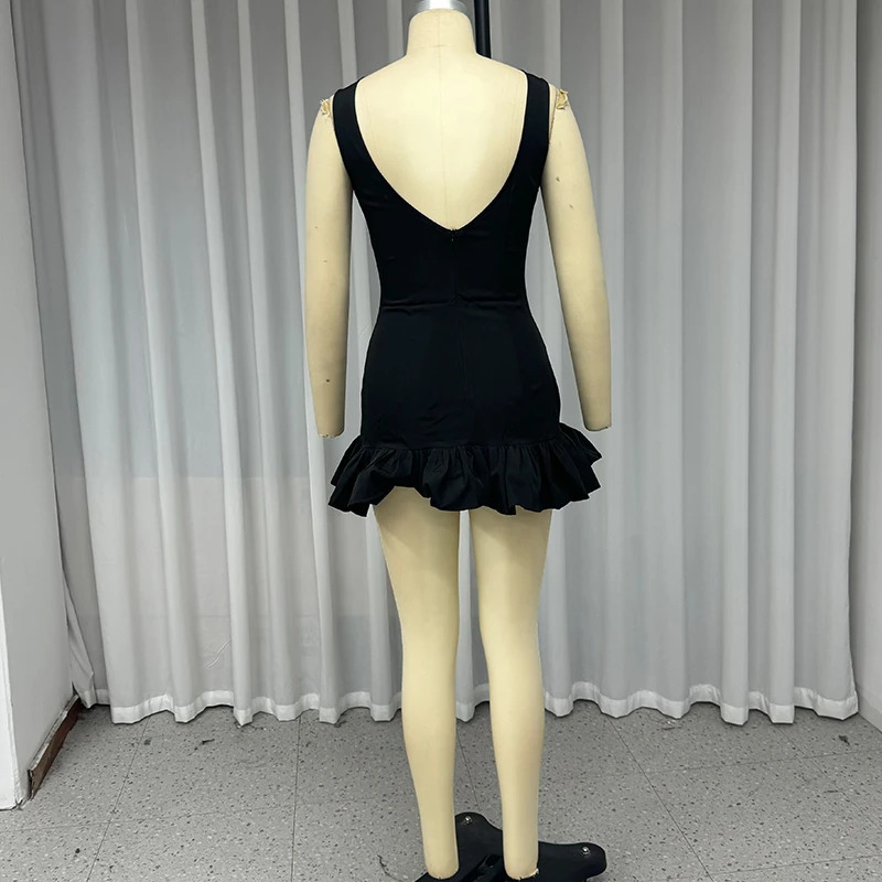Wefads mini dress elegant and sexy solid sleeveless round neck button waist backless evening party bubble black short skirt 250206