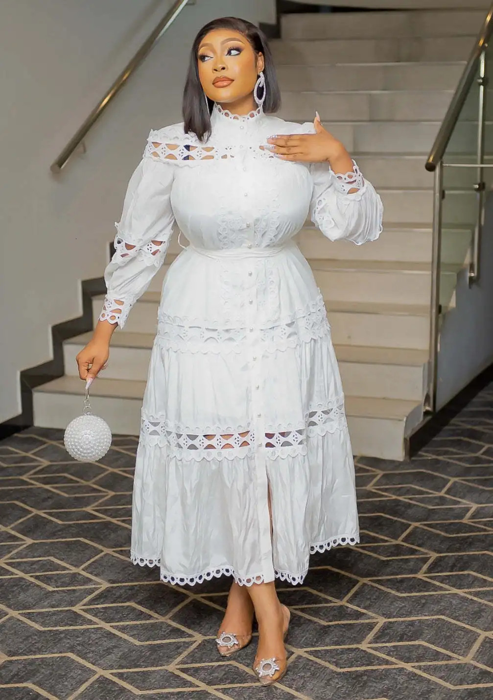 2024 Style Women Dress Plus Size 5XL Hollow Out Lace Patchwork Solid Color Round Neck Long Dress Pearls Belt Buttons Gowns 250207