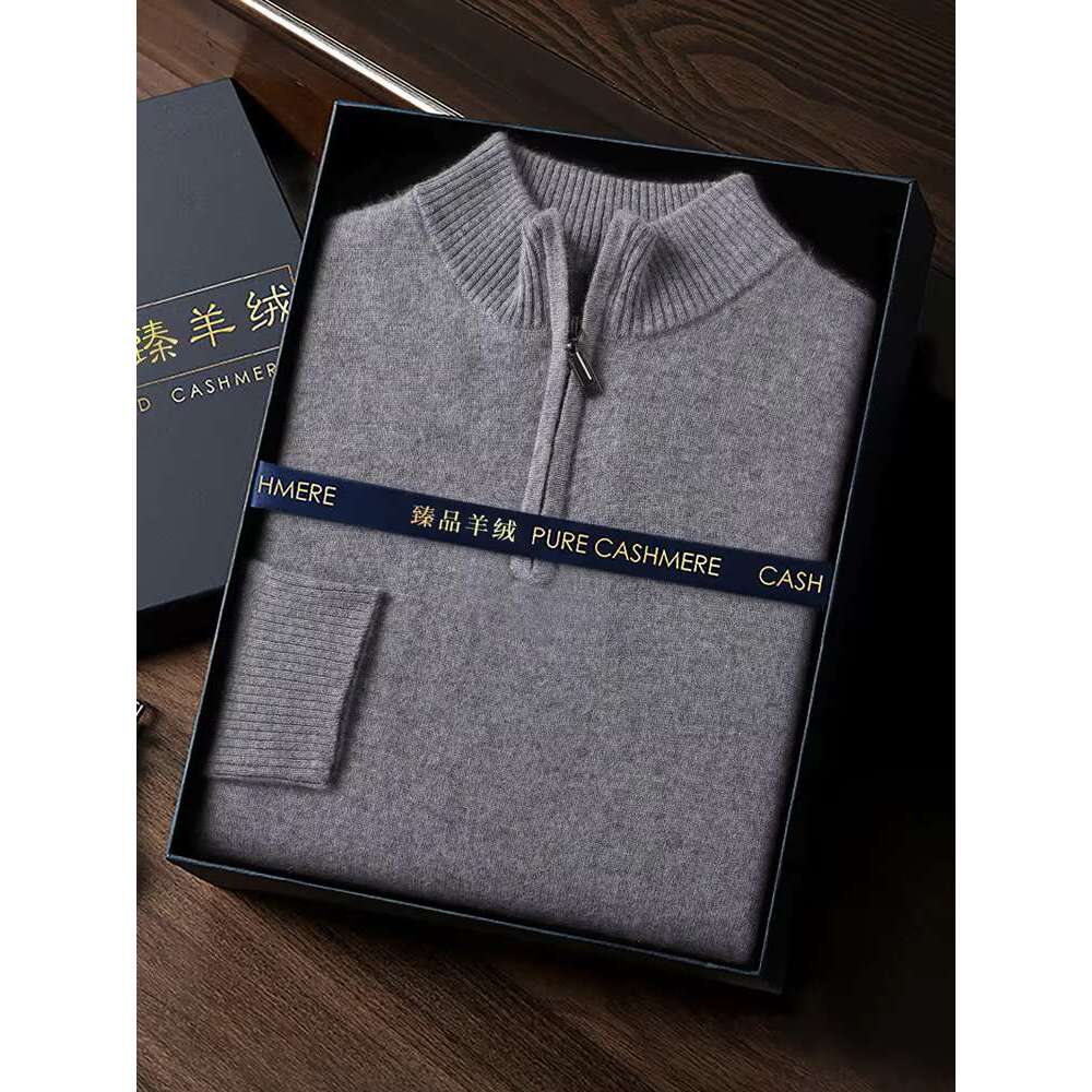 Autumn Winter Men's Basic Zipper Pullover 100% Cashmere Sweater High Quality Base Mock Neck Knitwear Smart Casual Soft Warm Top