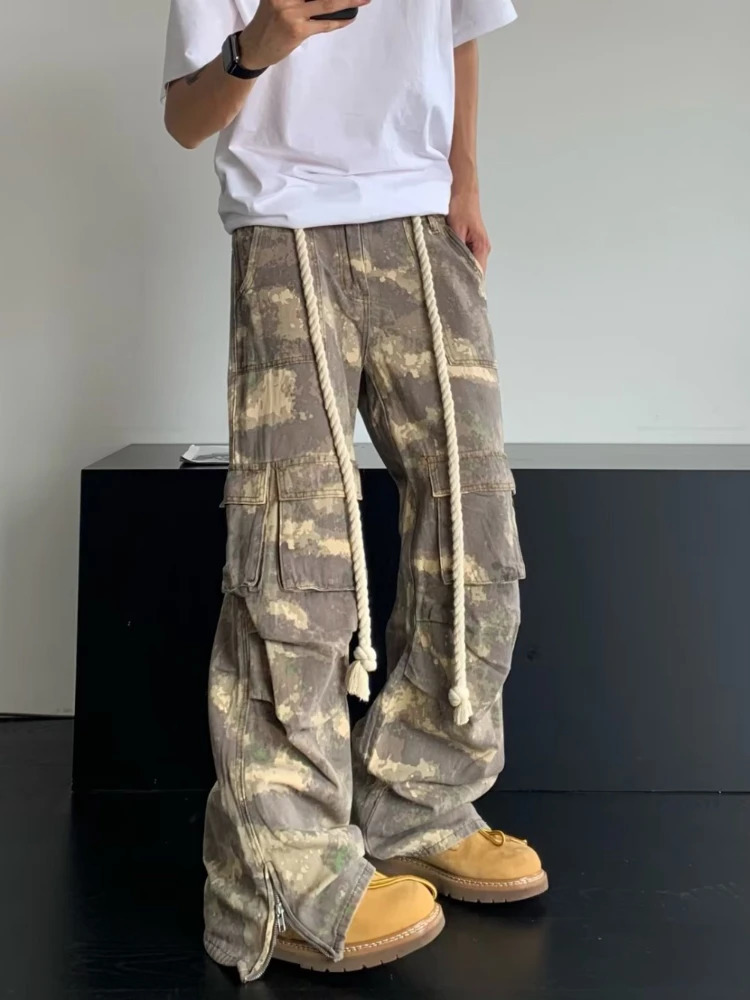 Autumn Camouflage Overalls men Clothing Cotton Drawstring Casual Baggy Pants Loose Wide-Leg Trousers Pantalones y2k homme 250206