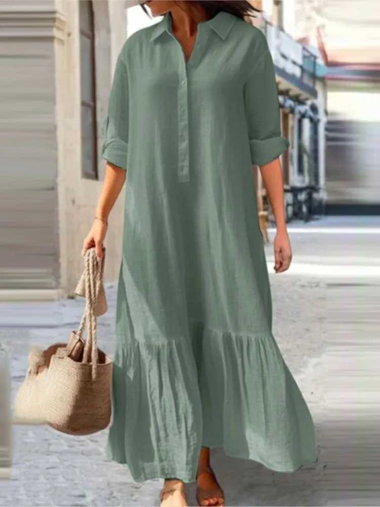 Cotton Linen Long Dress Women Long Sve Button Solid Color Casual Ruffles Loose Dresses Spring Autumn Comfortable Shirt DressXJ2500207