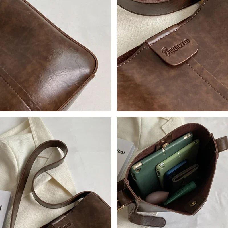 Retro Shoulder Tote Bag Set for Women Wide Strap Soft PU Leather Crossbody Bags with Small Purse Large Capacity Shoppers 250206