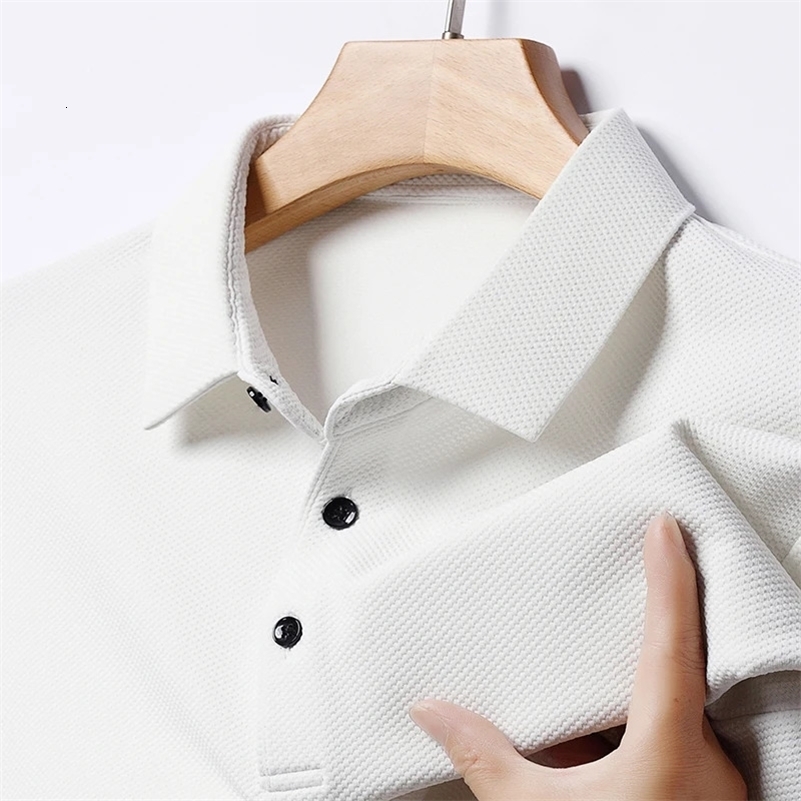 Mens Fashion Waffle Solid Short Sleeved Polo Shirt Summer Breathable Comfortable Top 250206
