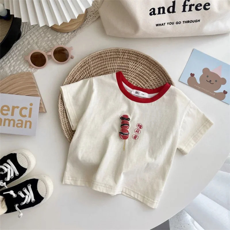 HoneyCherry Summer Cartoon Cotton Short-sleeved T-shirt Childrens Casual Round Neck Tops Kid Clothing 250207