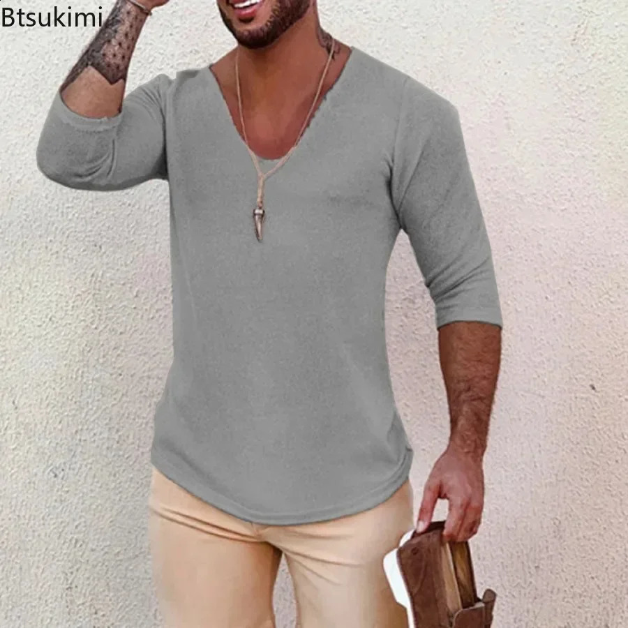 2025 Mens Casual Long Sleeve Kniited Sweaters Thin Style Mens Spring Autumn Clothing Solid V Neck Knitting Pullover Knit Tops 250206