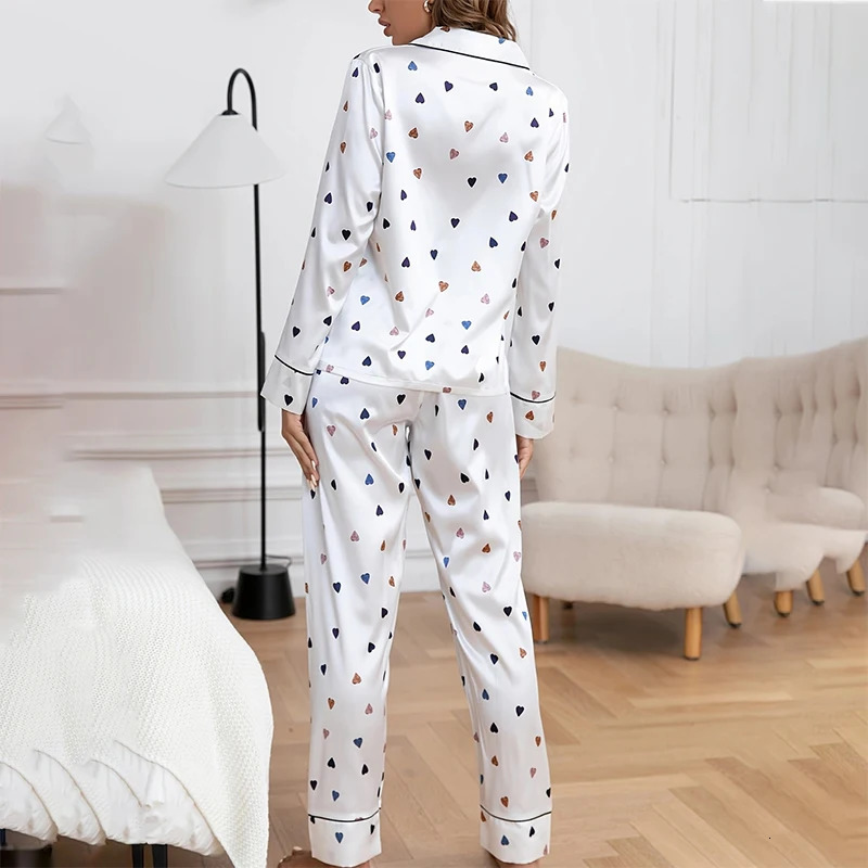 Autumn Pajamas Set Women Satin Silk Sleepwear Long Sleeved Love Printed Lapel Pyjamas Female Fashion Loungewear Home Ches 250207