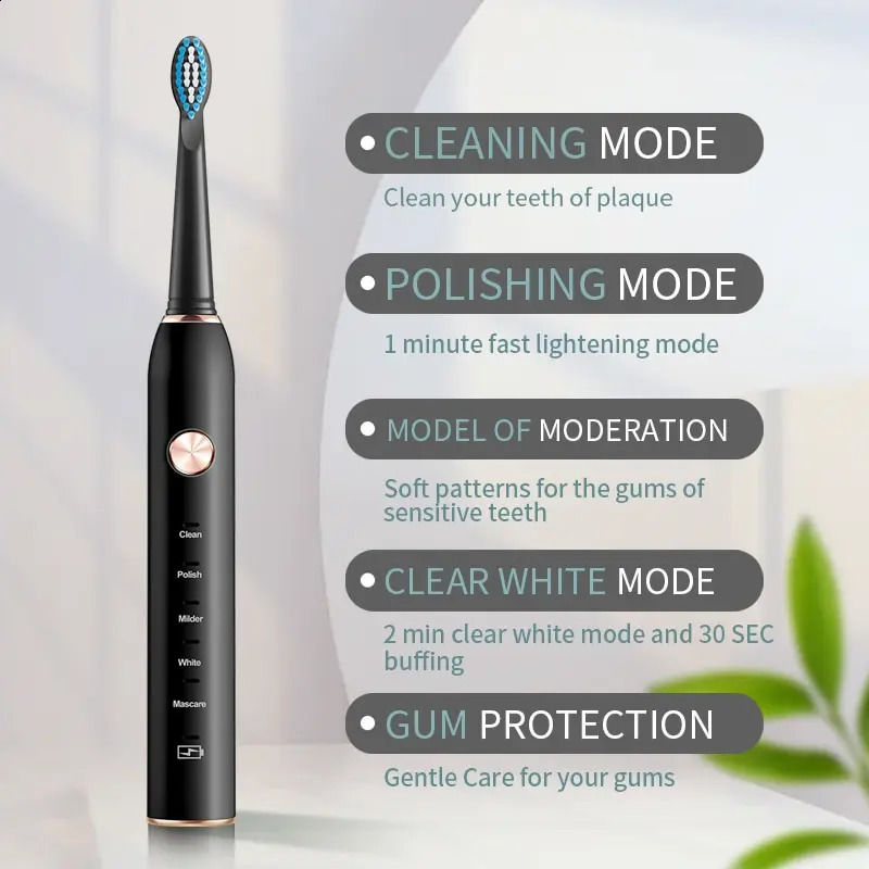 Jianpai Black and White Sonic Electric Toothbrush for Male and Female Lovers 5-mode USB Charging IPX7 Waterproof Sonic Electric 250206