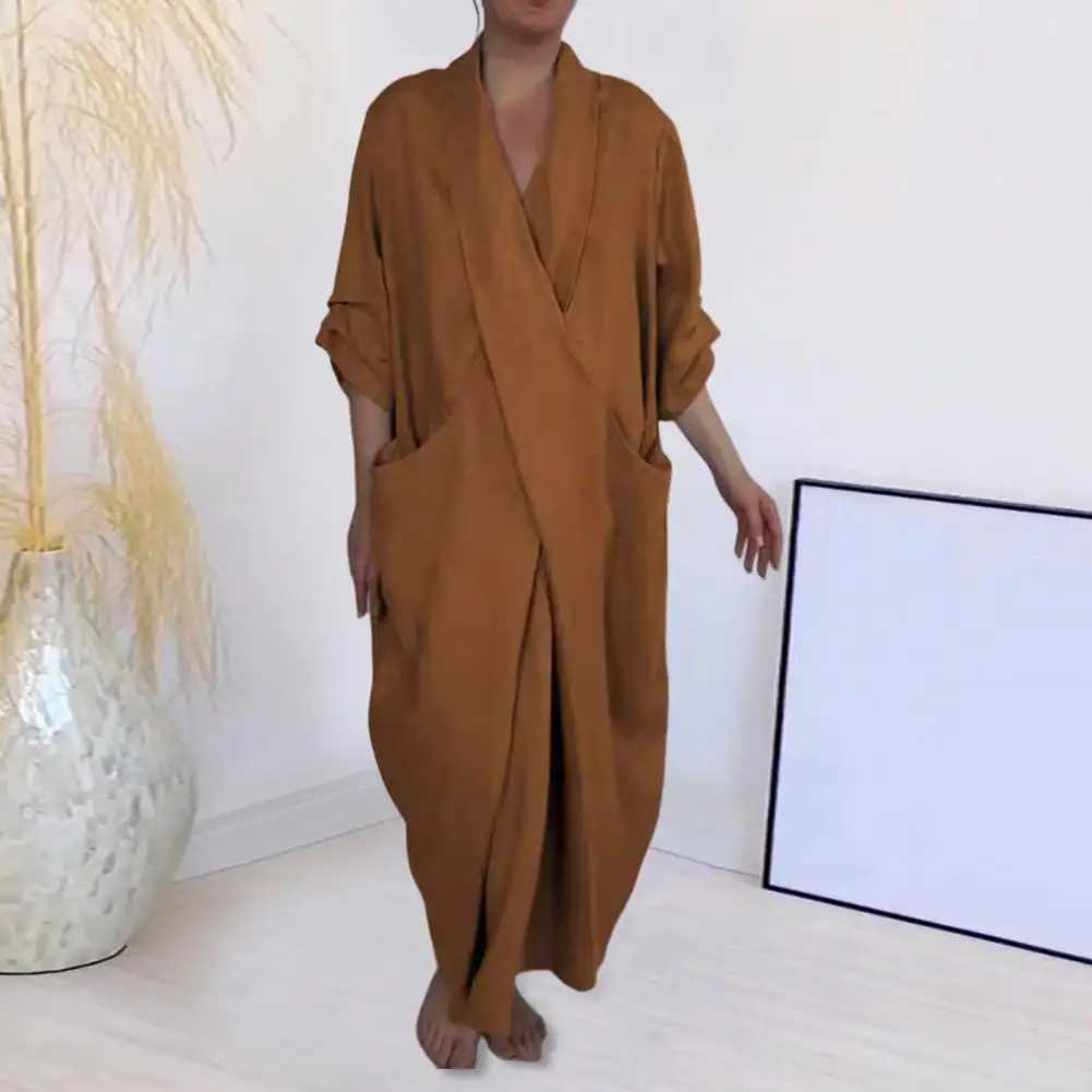 Spring Fall Maxi Dress Robe Baggy Cross V Neck Solid Color Large Pocket Retro A-line Bohemian Maxi Dress Casual Party Travel DreXJ2500207