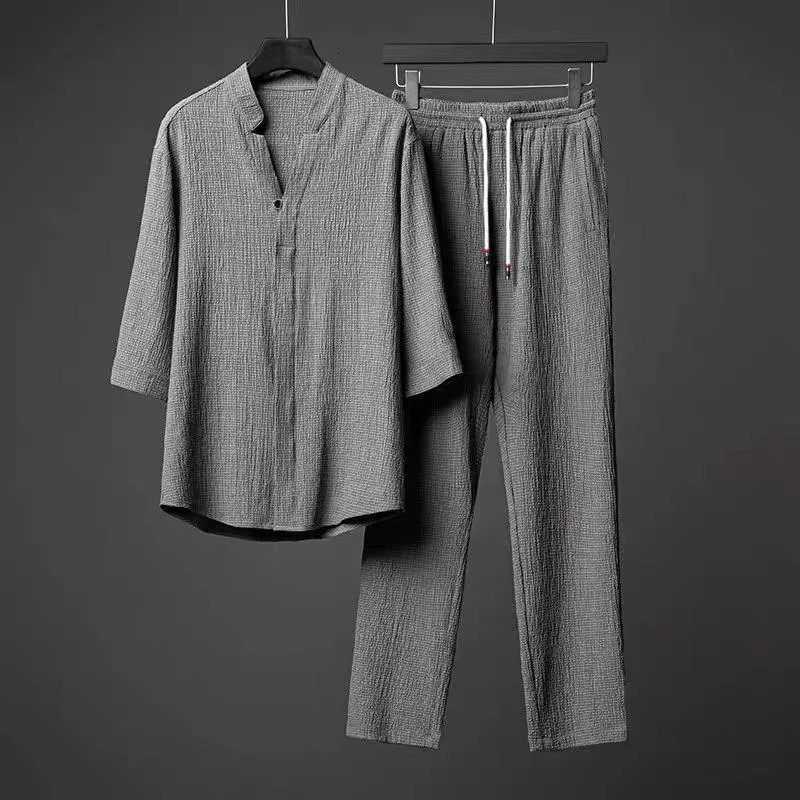 Vintage Button Tops Mens Two Piece Set Summer Casual Shirt and Pants Suits Outfit for Men Solid Color Tracksuit Leisure Clothing 250207