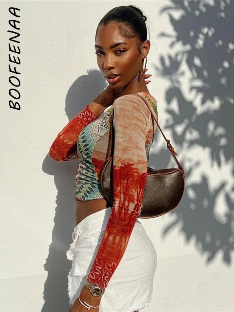 BOOFEENAA Stylish Print Mesh Long Sleeve Crop Tops Vintage Y2k Streetwear Graphic T Shirts Fall Trending Clothes C87-AI12 250206
