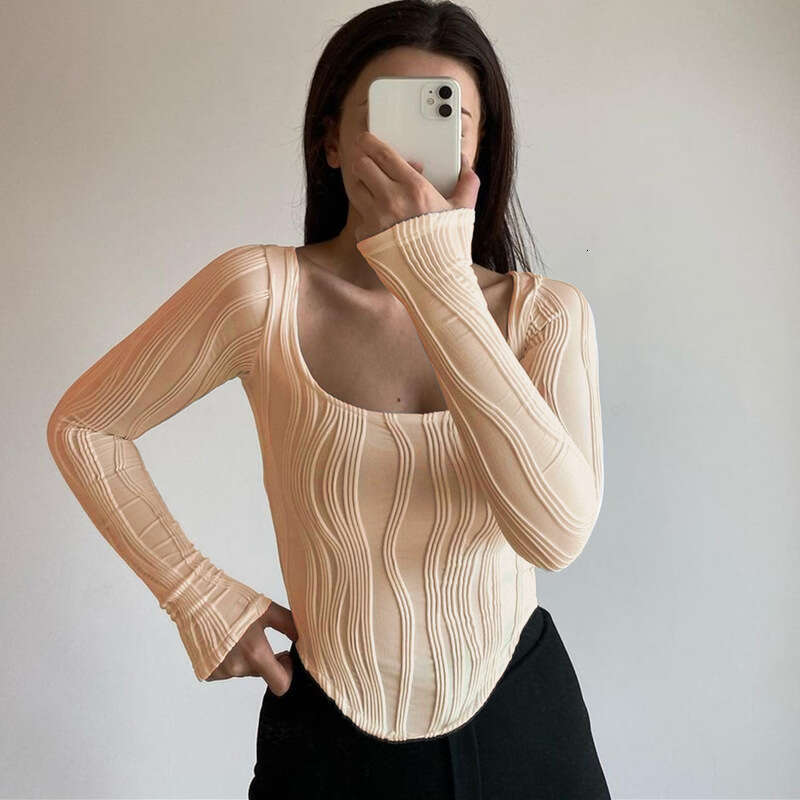 Ins2025 Summer Product French Design Fold U-neck Simple Solid Color Slimming Long Sleeve Top for Women 2025 New Style, Unique and Elegant Clothing
