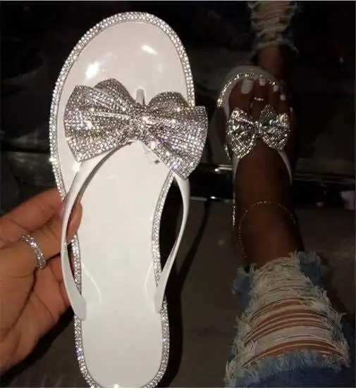 2024 Spring/summer new large size flip flops women bow knot rhines outdoor leisure beach flat home sandals/slippersXJ250207