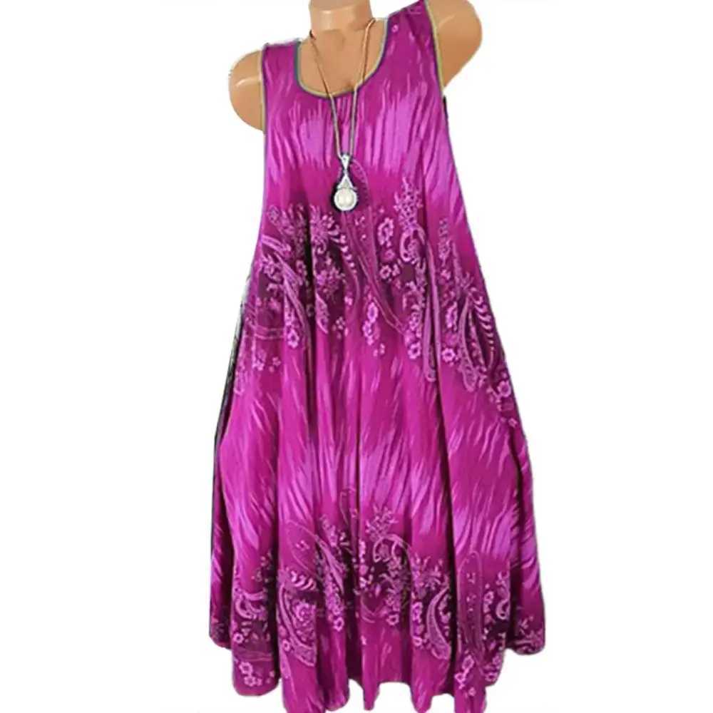 Ele Floral Print Women Summer Dress Round Neck Sveless Loose Pleated Plus Tank DressXJ2500207