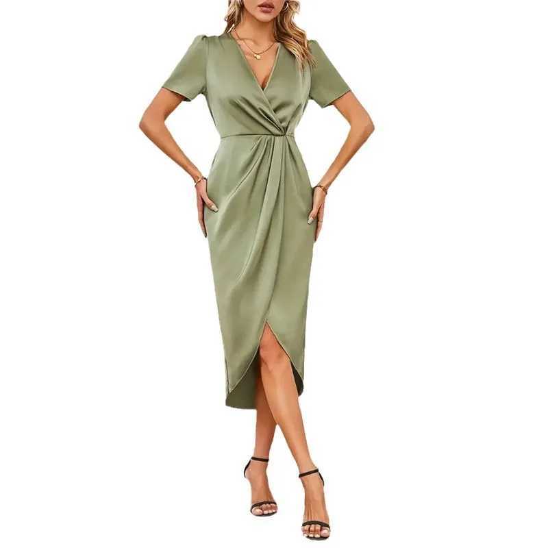 Long Irregular Short Sved Dress Ladies Summer Solid Color New Product Satin Short Sved Wrapped Cross Neck Midi Dress 2024XJ2500207