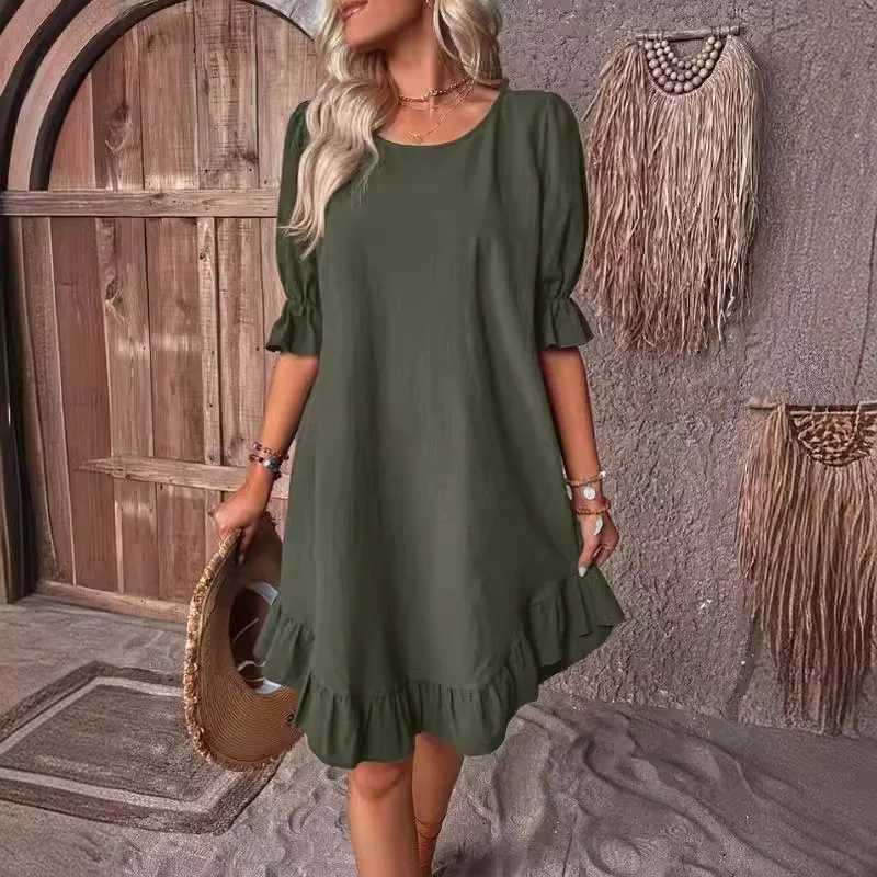 Womens Retro Cotton And Linen Mid Sved Round Neck Solid Color Loose Hem Dress For Summer Y2k Clothes Robe Femme VertidosXJ2500207