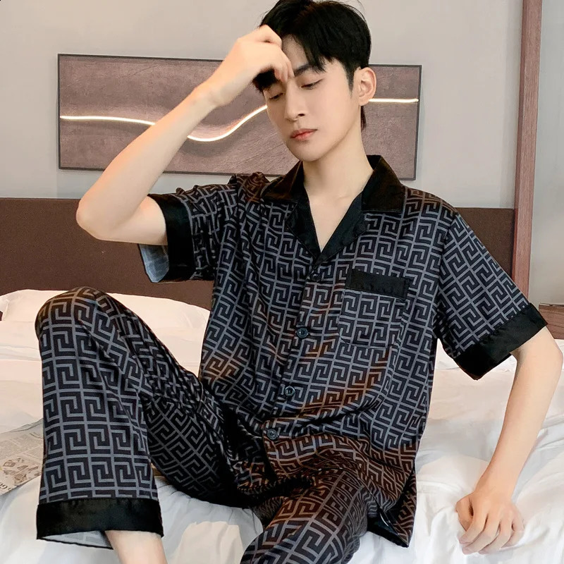 Pajamas Men Spring Summer Thin Ice Silk ious Loose Fitting Home Wear Suit Male Satin Pyjamas Set Night Sleep-Suit Gentlemen 250206