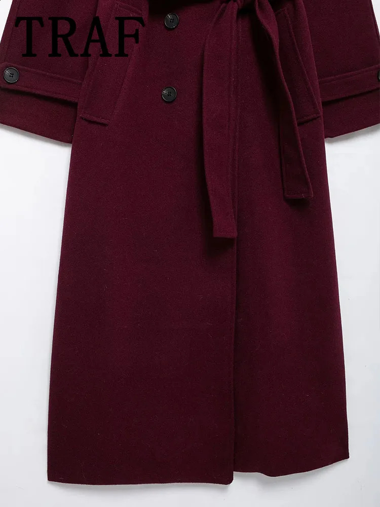TRAF 2024 Woman Burgundy Winter Coat Womens Jacket Autumn Long Sleeve Belt Outerwear Chic Fashion Woolen 250109
