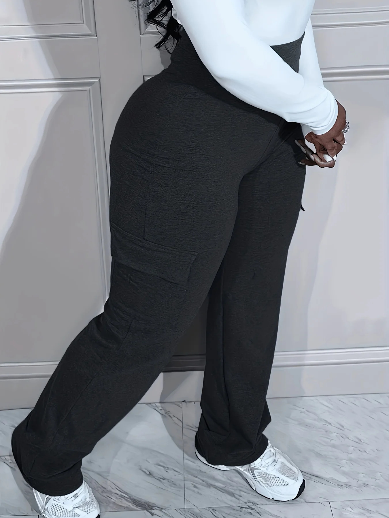 Plus Size Solid Pocket Pants Casual High Waist Pants For Spring Fall Womens Plus Size Clothing 250207