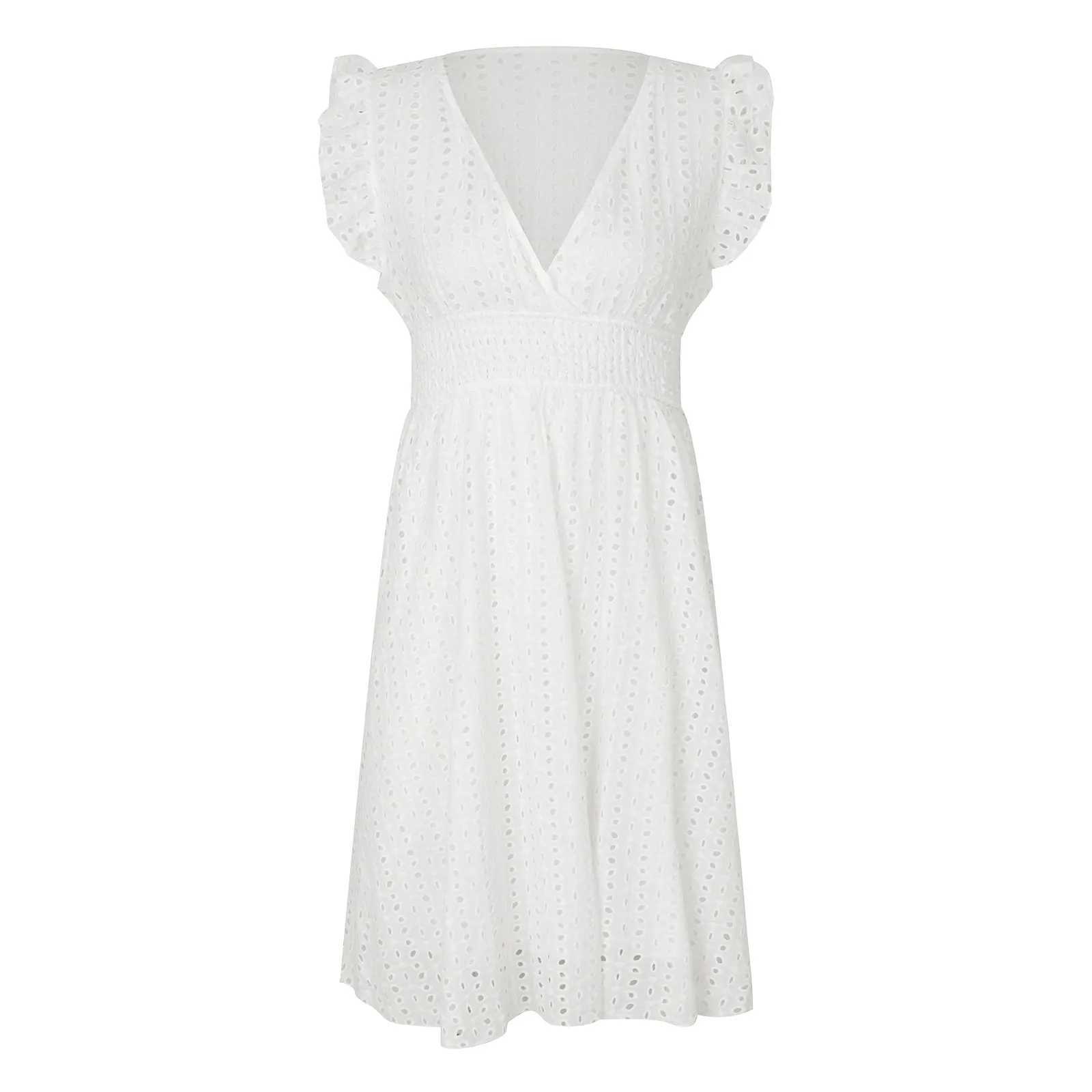 Women White V-Neck Beach Dress Solid Summer A-Line Half Sve Shirt Dress Casual Loose Pocket Sundress Holiday Baggy Long RobeXJ2500207