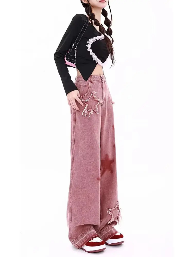 American Retro Jeans Fivepoint Star Raw Edge Splicing Loose Wideleg Jean Look Thin Trendy Allmatch Mopping Pant 250121