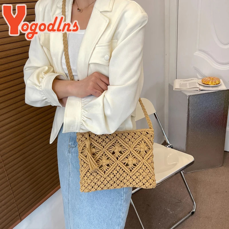 Summer Hollow Straw Bag For Women Tassel Decors Shoulder Messenger Bag Travel Beach Bag Daily Cotton Rope Crossbody Bag 250120