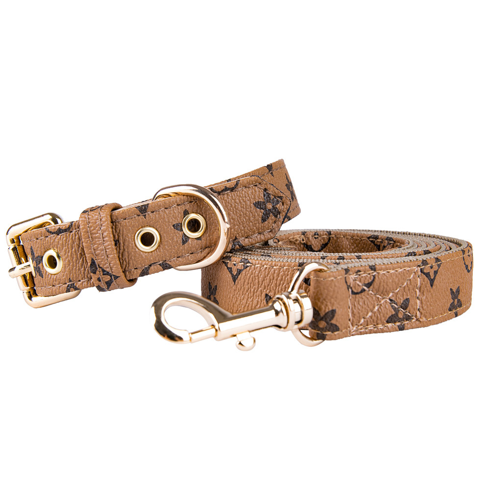 Dog Collars Leash Set Classic Presbya Letters Pattern Print Leashes PU Leather Fashion Casual Adjustable Dogs Cats Neck Strap Cute Pet Collar Poodle A
