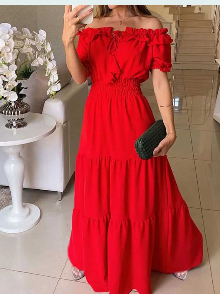 Ele Solid Color Puff Short Sve Women Dress Ruffles Ong Shoulder Elastic Waistband Dresses Boho Style Robe Femme VestidosXJ2500207