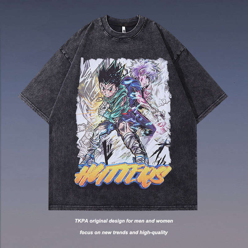 TKPA Harajuku Cartoon Anime Character Washed Old Short T-shirt for Men and Women Hip Hop Fashion Brand Half sleeved Tee Shirt