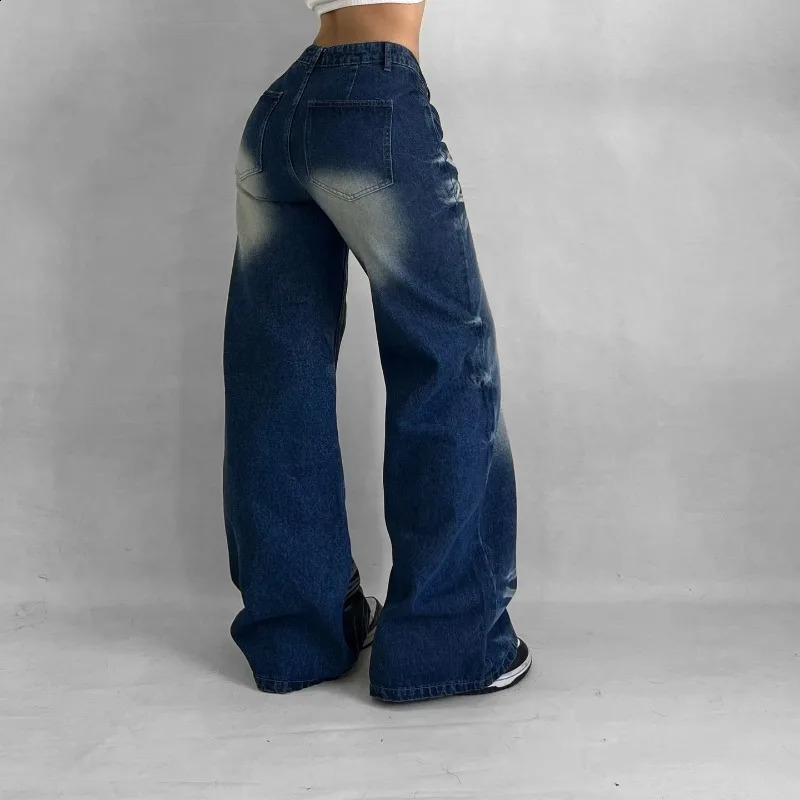 Y2K Fashion Washed Old Blue Baggy Jean Street Clothes Vintage Casual Gothic Punk High Waist Wide Leg Pants 250206