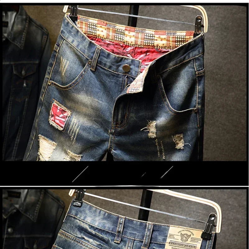 Ripped Shorts Mens Summer Quarter Loose Large Size Fashion Denim 5 Points Beggar Pants Men 250206